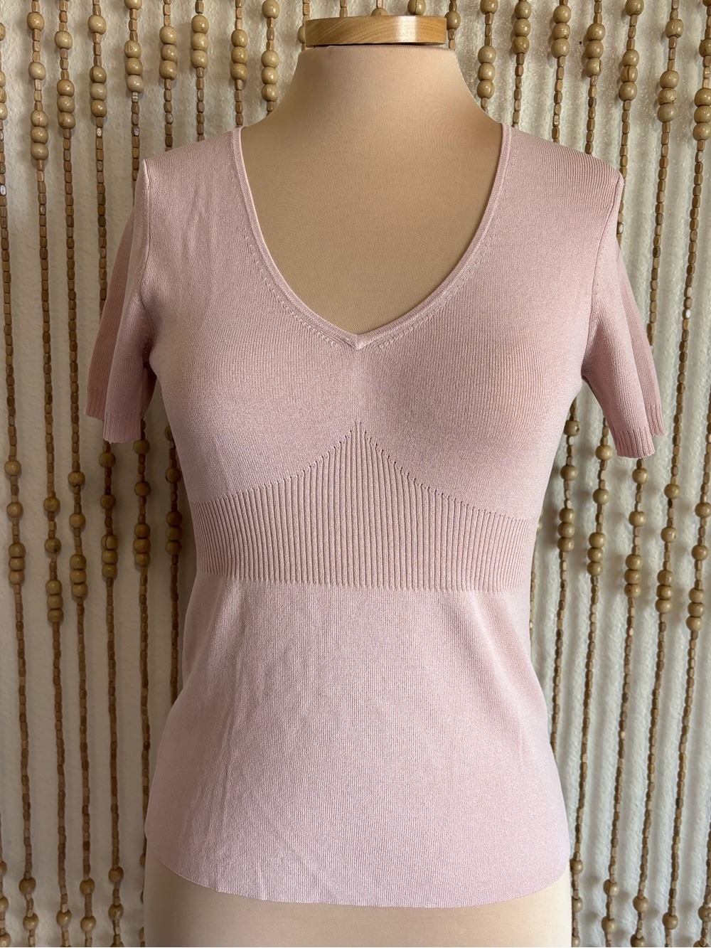 LOFT Light Pink Knit Coquette Contemporary Feminine Stretchy Short Sleeve Blouse